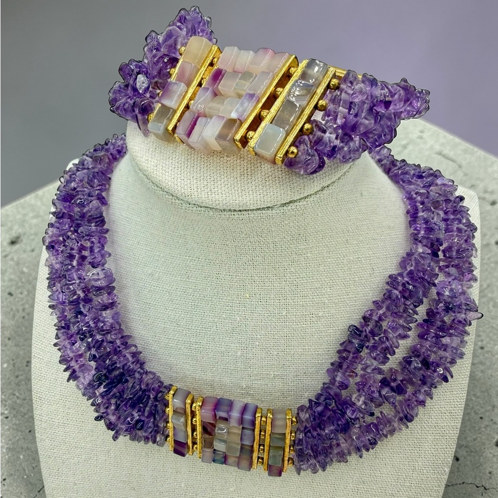 Amethyst Multi Strand Choker Necklace & Bracelet Set Mosaic Agate 161g Stunning - Picture 12 of 17